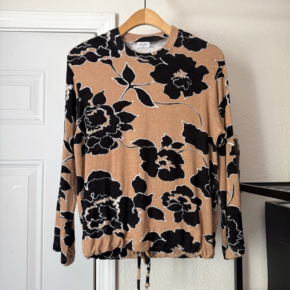 LESET tan black floral viscose blend‎ crew neck long sleeve pullover sweater
